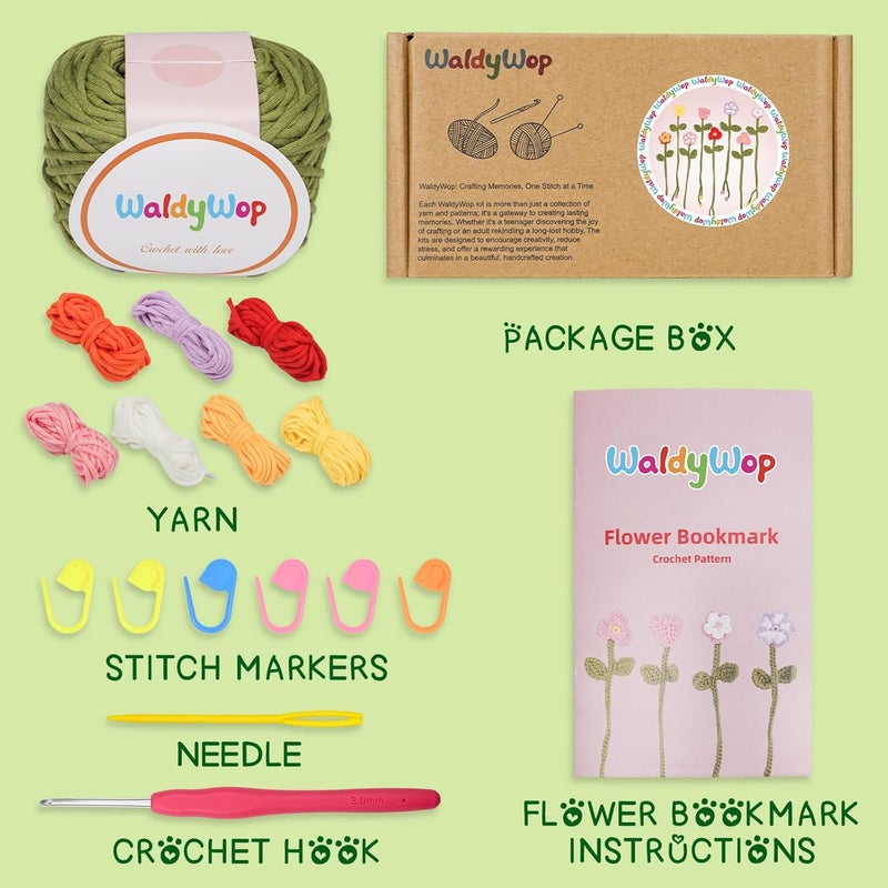 WaldyWop Crochet Kit for Beginners - 8 Flower Bookmarks Knitting Kit w/Step-by-Step Video Tutorials & Soft Yarn, Hook - Wobbles DIY Art Craft Kit for Adults, Birthday Gifts for Women Teen - Image 2